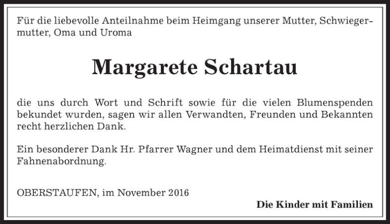 Traueranzeigen Von Margarete Schartau Augsburger Allgemeine Zeitung