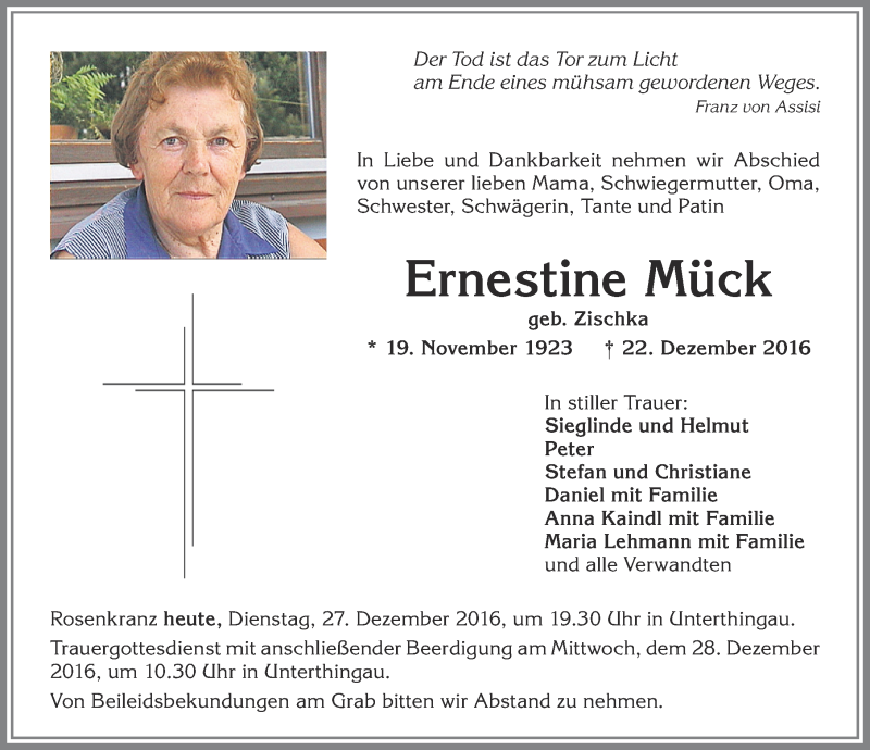 Traueranzeigen von Ernestine Mück Augsburger Allgemeine Zeitung