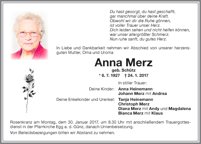 Traueranzeigen Von Anna Merz Augsburger Allgemeine Zeitung