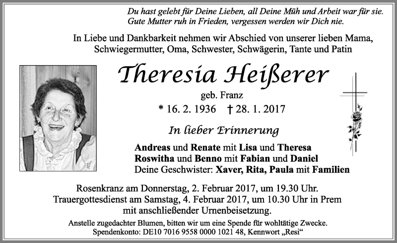 Traueranzeigen von Theresia Heißerer Augsburger Allgemeine Zeitung