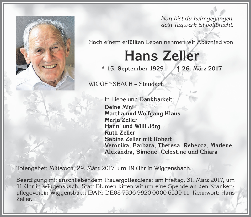 Traueranzeigen Von Hans Zeller Augsburger Allgemeine Zeitung