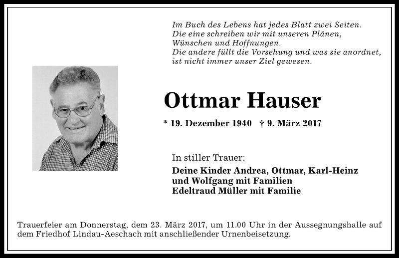 Traueranzeigen Von Ottmar Hauser Augsburger Allgemeine Zeitung