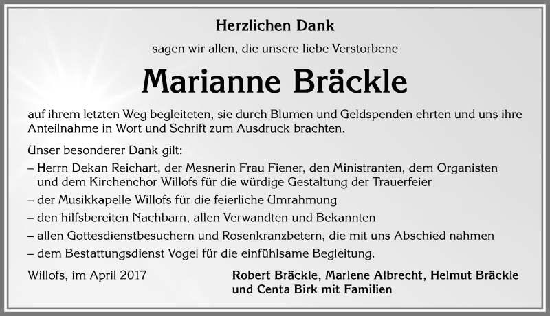 Traueranzeigen von Marianne Bräckle Augsburger Allgemeine Zeitung