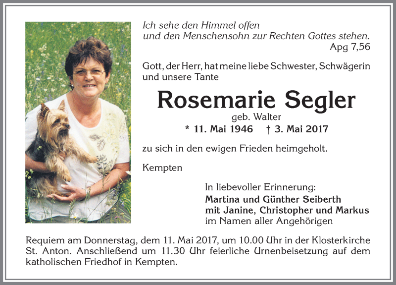 Traueranzeige von Rosemarie Segler von Allgäuer Zeitung,Kempten