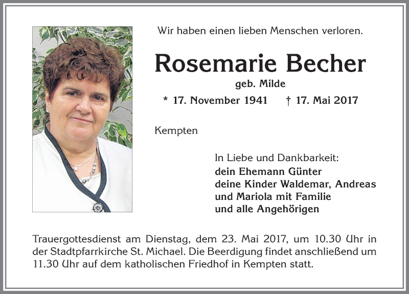 Traueranzeige von Rosemarie Becher von Allgäuer Zeitung,Kempten