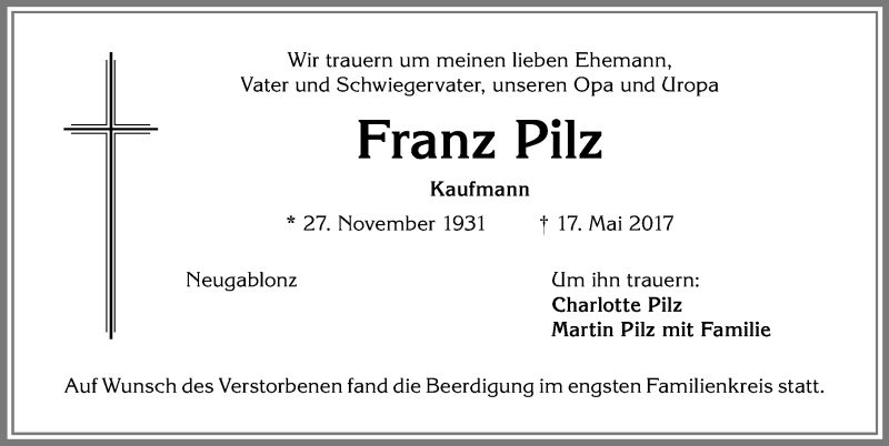 Traueranzeige von Franz Pilz von Allgäuer Zeitung, Kaufbeuren/Buchloe