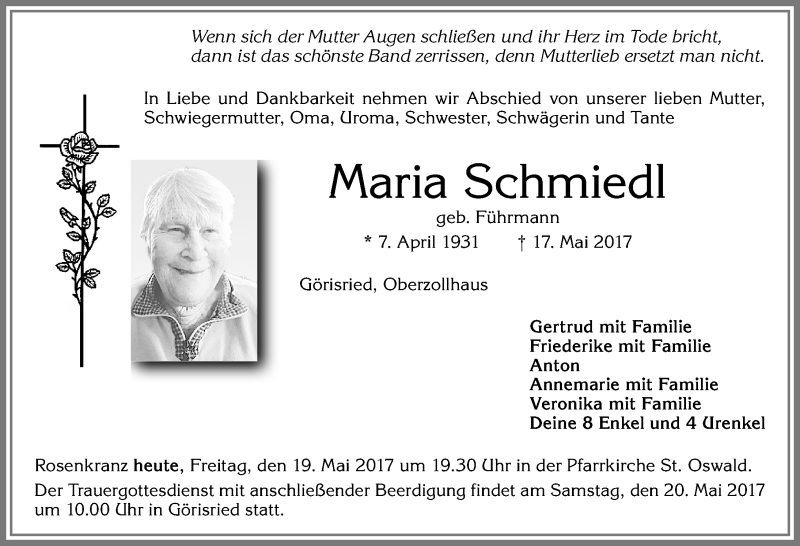 Traueranzeige von Maria Schmied von Allgäuer Zeitung, Marktoberdorf
