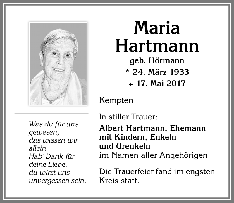 Traueranzeige von Maria Hartmann von Allgäuer Zeitung,Kempten