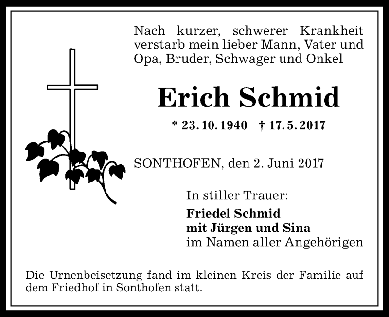 Traueranzeige von Erich Schmid von Allgäuer Anzeigeblatt