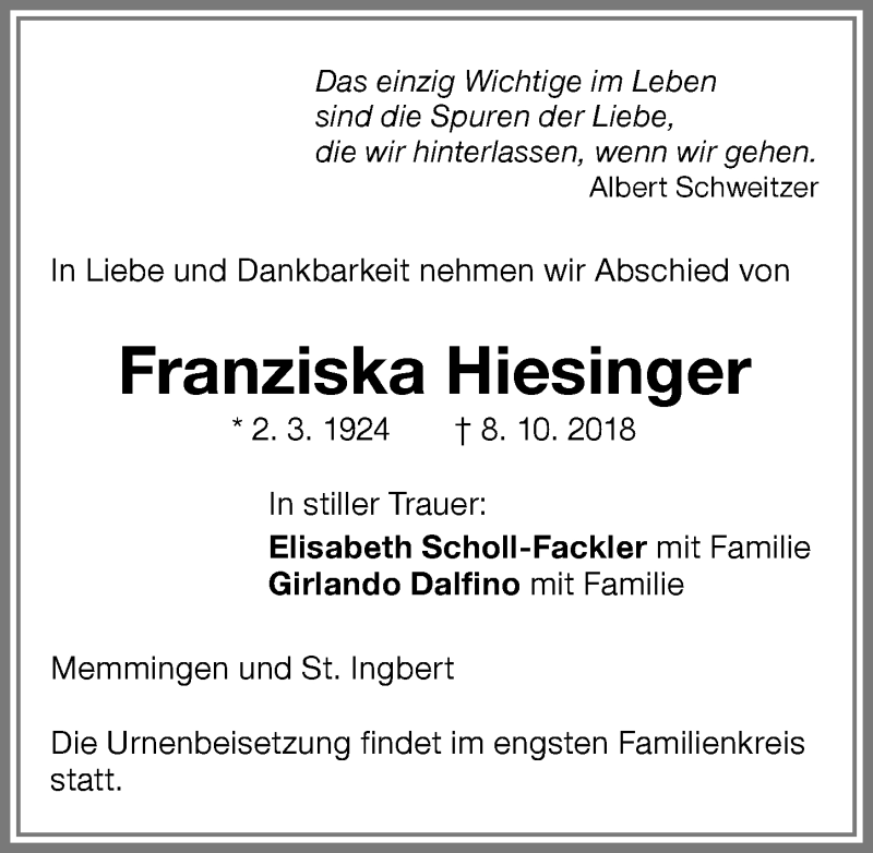 Traueranzeigen Von Franziska Hiesinger Augsburger Allgemeine Zeitung