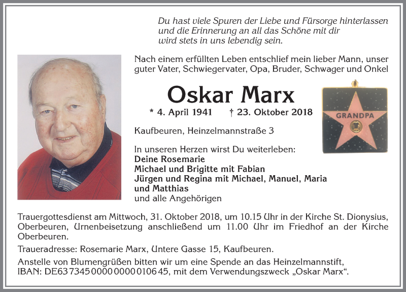 Traueranzeigen Von Oskar Marx Augsburger Allgemeine Zeitung