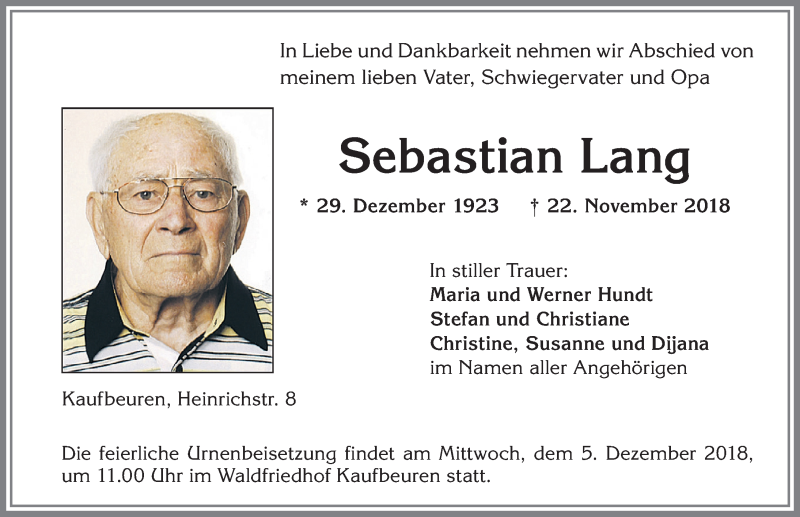 Traueranzeigen Von Sebastian Lang Augsburger Allgemeine Zeitung