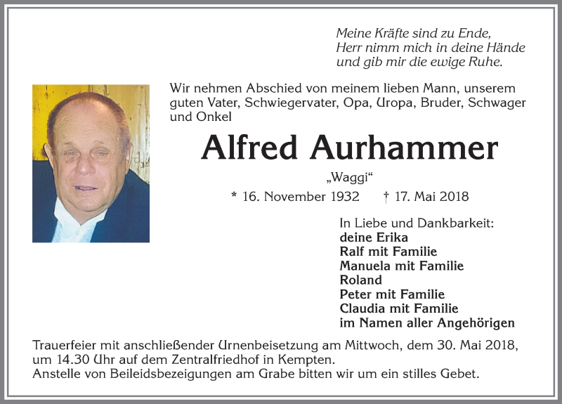 Traueranzeige von Alfred Aurhammer von Allgäuer Zeitung,Kempten