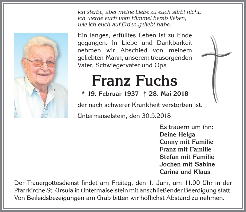 Traueranzeigen Von Franz Fuchs Augsburger Allgemeine Zeitung