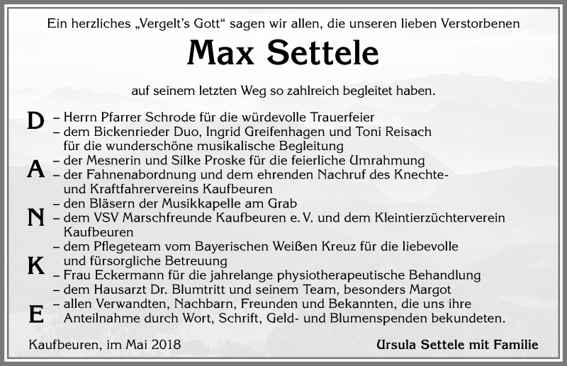 Traueranzeigen Von Max Settele Augsburger Allgemeine Zeitung