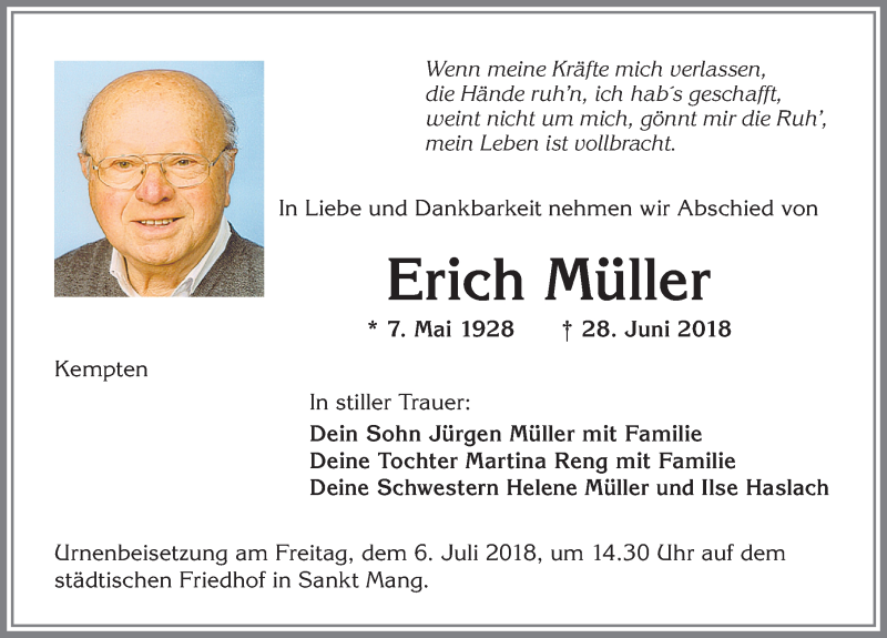 Traueranzeigen Von Erich M Ller Augsburger Allgemeine Zeitung