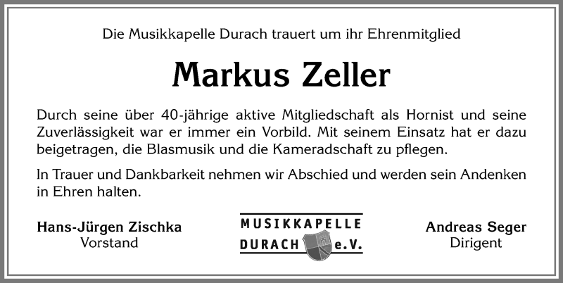 Traueranzeigen Von Markus Zeller Augsburger Allgemeine Zeitung