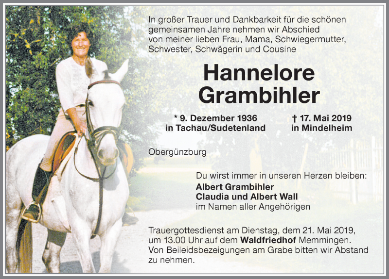Traueranzeige von Hannelore Grambihler von Memminger Zeitung