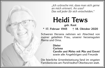 Traueranzeigen Von Heidi Tews Augsburger Allgemeine Zeitung