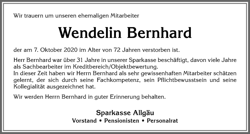 Traueranzeigen Von Wendelin Bernhard Augsburger Allgemeine Zeitung