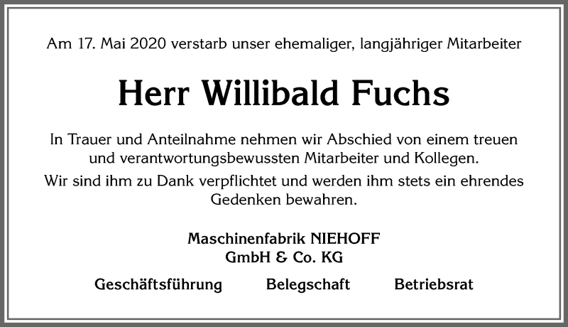 Traueranzeige von Willibald Fuchs von Allgäuer Zeitung, Marktoberdorf