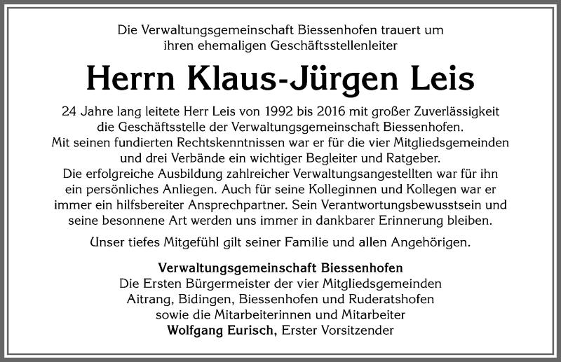 Traueranzeigen von Klaus Jürgen Leis Augsburger Allgemeine Zeitung