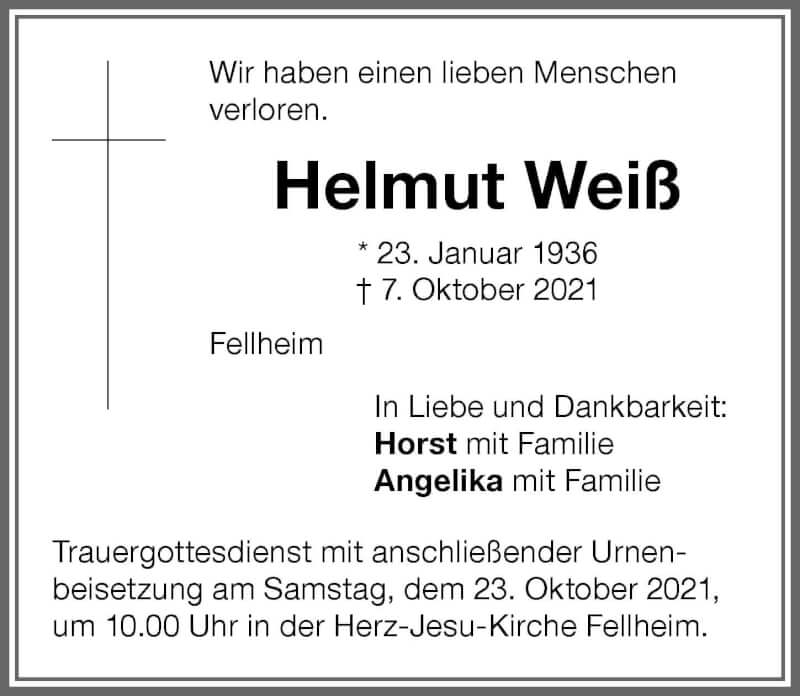 Traueranzeigen Von Helmut Wei Augsburger Allgemeine Zeitung