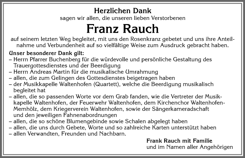 Traueranzeige von Franz Rauch von Allgäuer Zeitung,Kempten