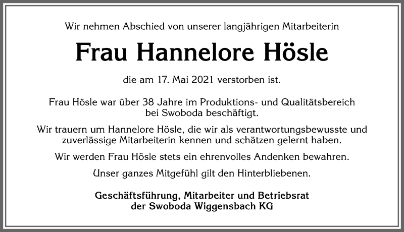 Traueranzeige von Hannelore Hösle von Allgäuer Zeitung,Kempten