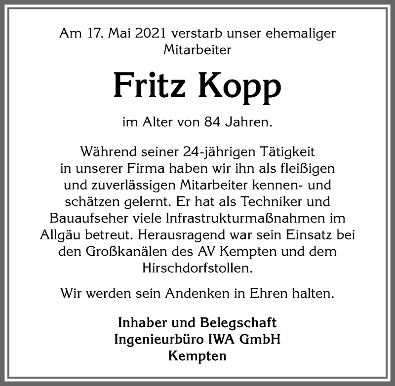 Traueranzeige von Fritz Kopp von Allgäuer Zeitung,Kempten