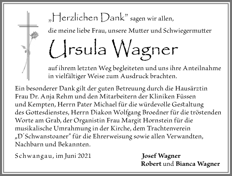Traueranzeige von Ursula Wagner von Allgäuer Zeitung, Füssen