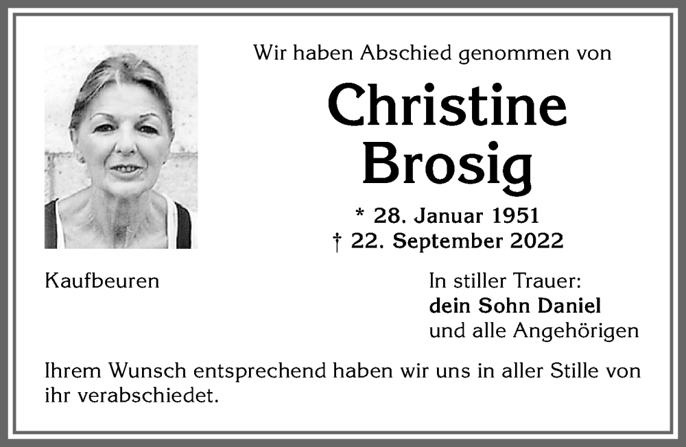 Traueranzeigen Von Christine Brosig Augsburger Allgemeine Zeitung