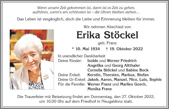 Traueranzeigen von Erika Stöckel Augsburger Allgemeine Zeitung