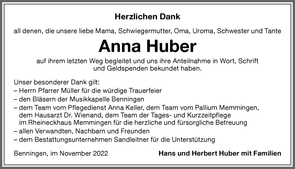 Traueranzeigen Von Anna Huber Augsburger Allgemeine Zeitung