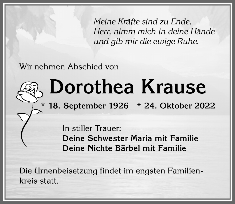 Traueranzeigen Von Dorothea Krause Augsburger Allgemeine Zeitung