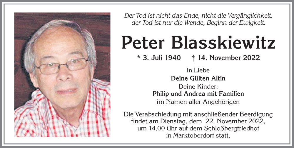 Traueranzeigen Von Peter Blasskiewitz Augsburger Allgemeine Zeitung