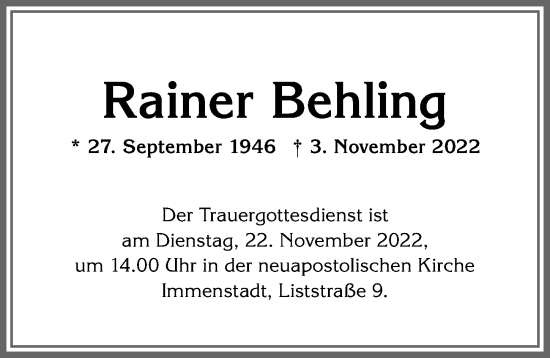 Traueranzeigen Von Rainer Behling Augsburger Allgemeine Zeitung