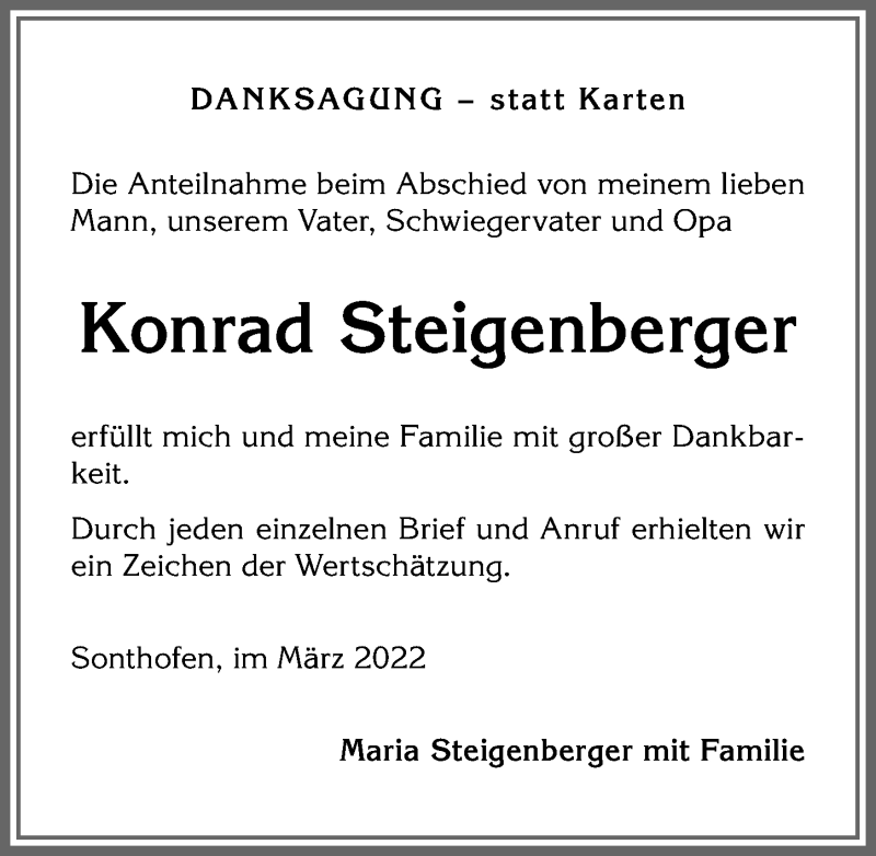 Traueranzeigen Von Konrad Steigenberger Augsburger Allgemeine Zeitung