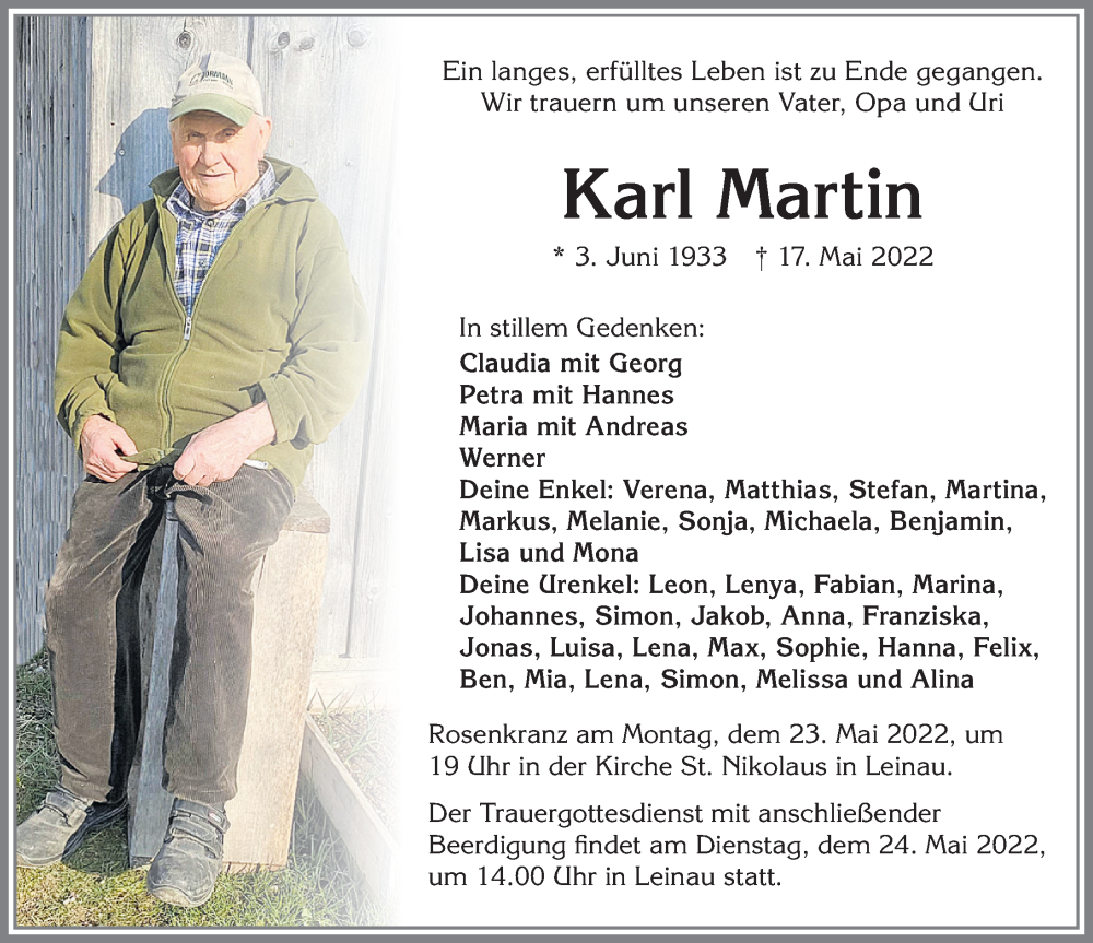 Traueranzeige von Karl Martin von Allgäuer Zeitung, Kaufbeuren/Buchloe