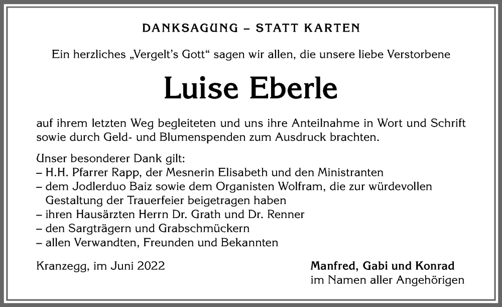 Traueranzeige von Luise Eberle von Allgäuer Anzeigeblatt