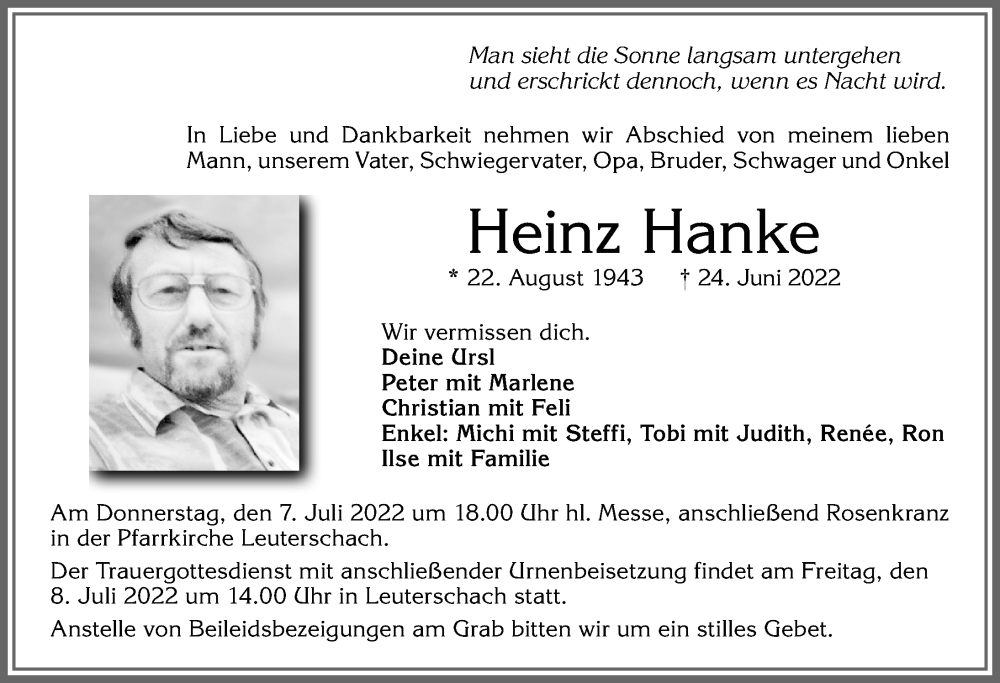 Traueranzeigen Von Heinz Hanke Augsburger Allgemeine Zeitung