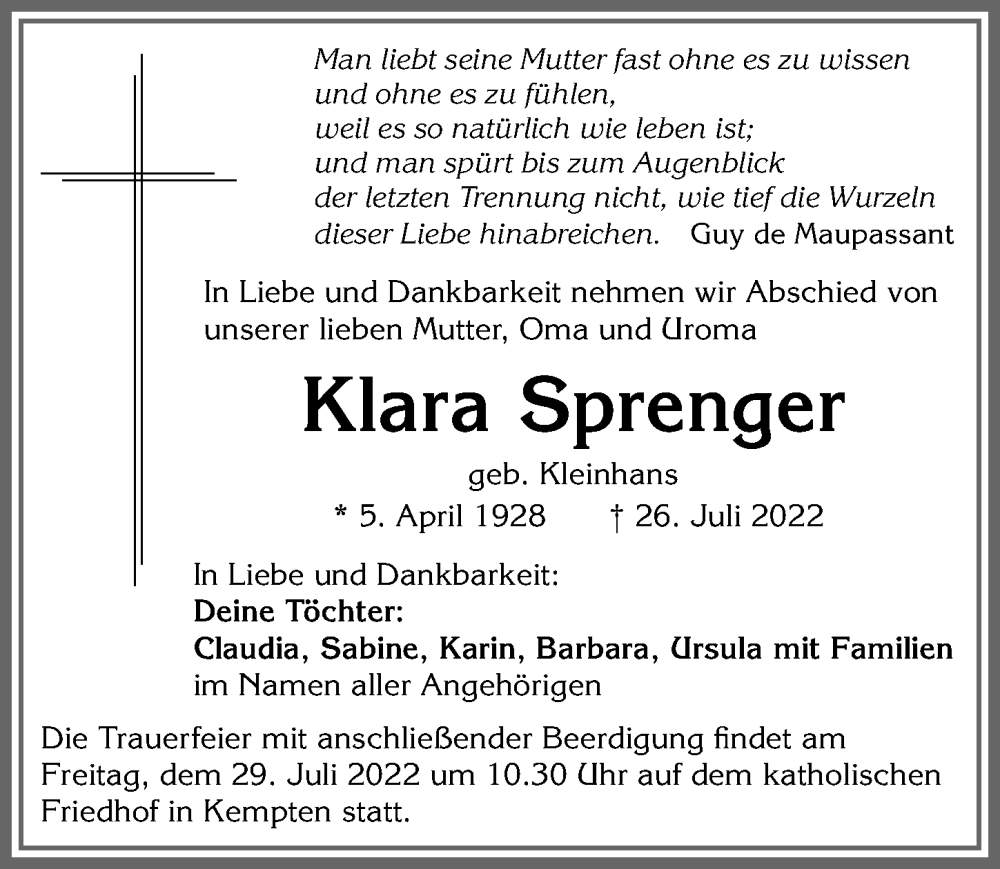 Traueranzeigen Von Klara Sprenger Augsburger Allgemeine Zeitung