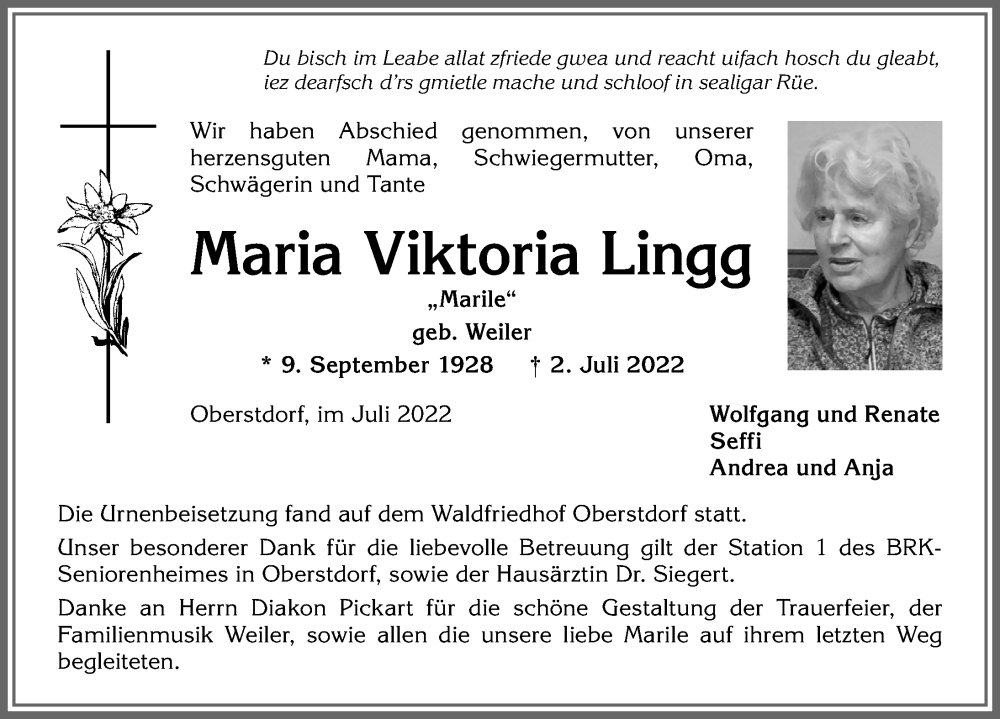 Traueranzeigen Von Maria Viktoria Lingg Augsburger Allgemeine Zeitung