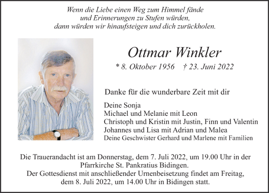 Traueranzeigen Von Ottmar Winkler Augsburger Allgemeine Zeitung