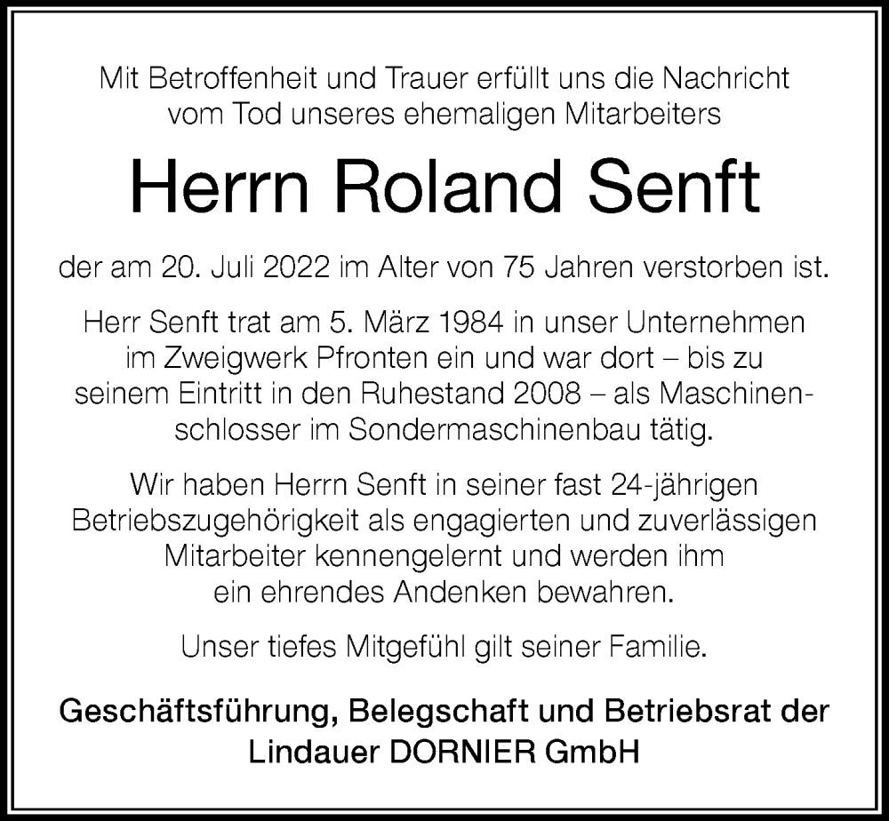 Traueranzeigen Von Roland Senft Augsburger Allgemeine Zeitung