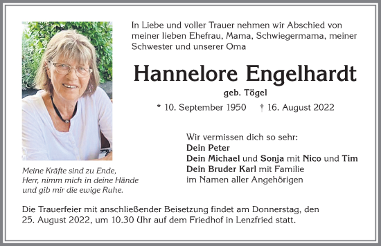 Traueranzeigen Von Hannelore Engelhardt Augsburger Allgemeine Zeitung