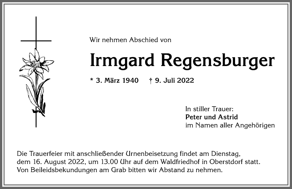 Traueranzeigen Von Irmgard Regensburger Augsburger Allgemeine Zeitung