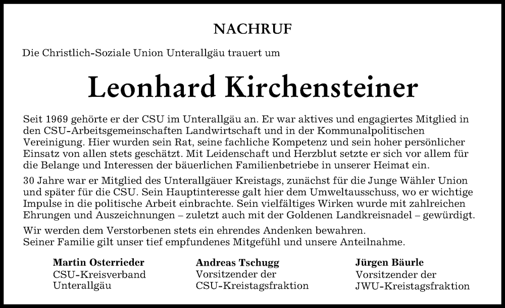 Traueranzeigen Von Leonhard Kirchensteiner Augsburger Allgemeine Zeitung