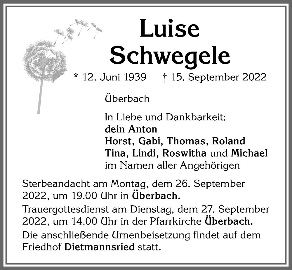 Traueranzeigen Von Luise Schwegele Augsburger Allgemeine Zeitung