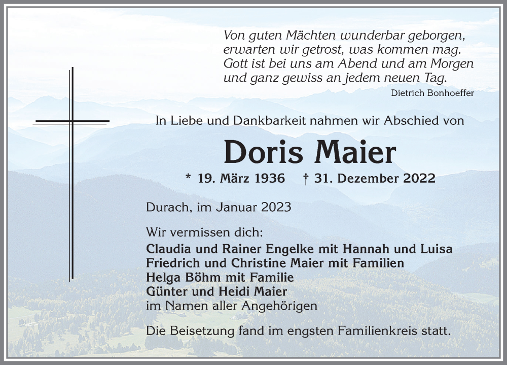 Traueranzeigen Von Doris Maier Augsburger Allgemeine Zeitung